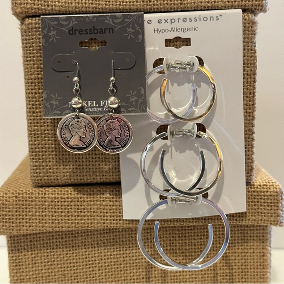 NWT 2 packs -4 total pairs of silver tone earrings. Dress Barn coins; 3 pr hoops - Picture 2 of 11